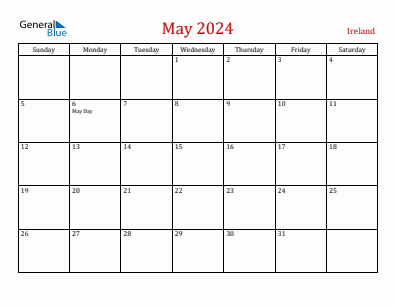 Current month calendar with Ireland holidays for May 2024