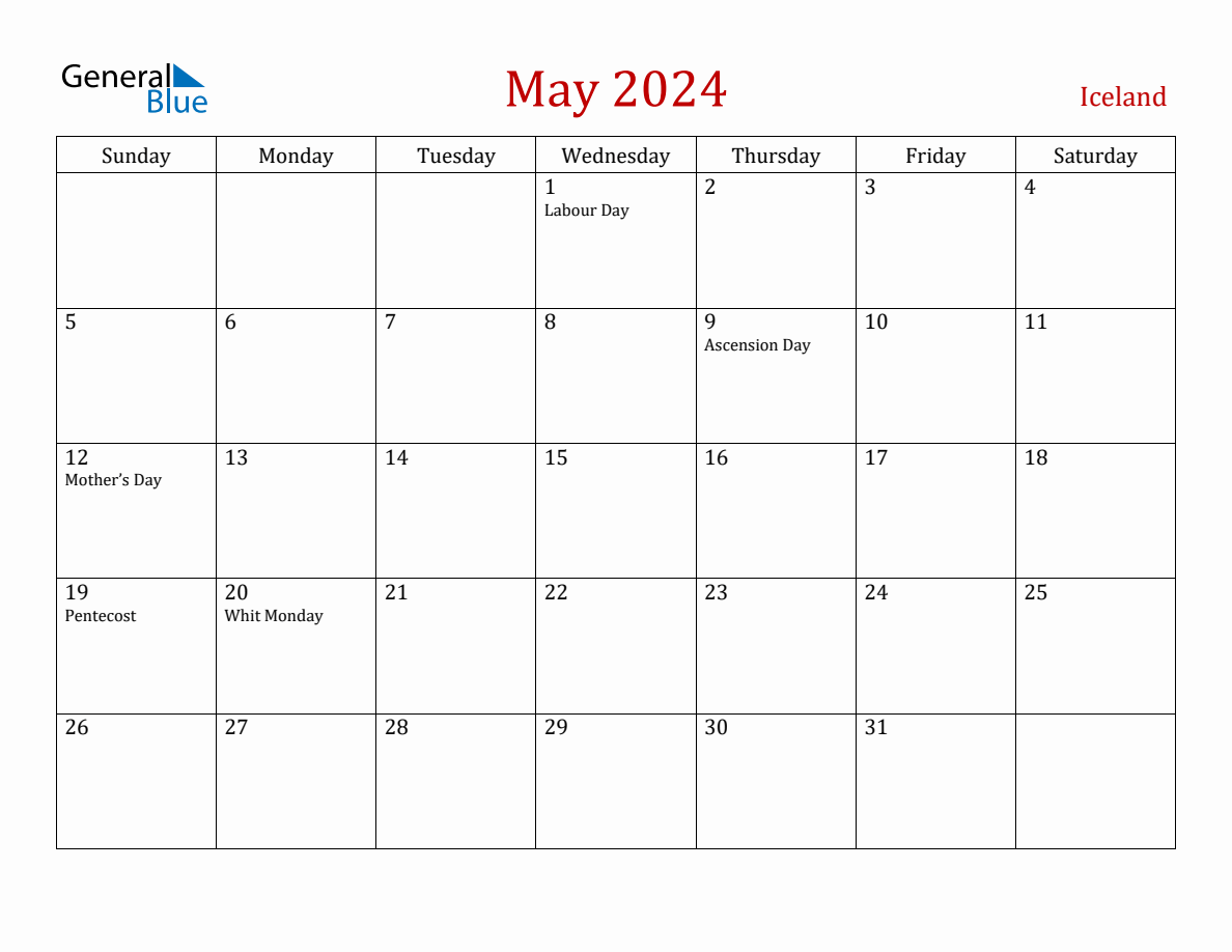 May 2024 Iceland Monthly Calendar with Holidays