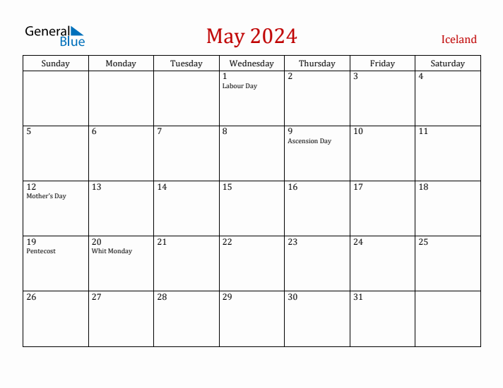 Iceland May 2024 Calendar - Sunday Start