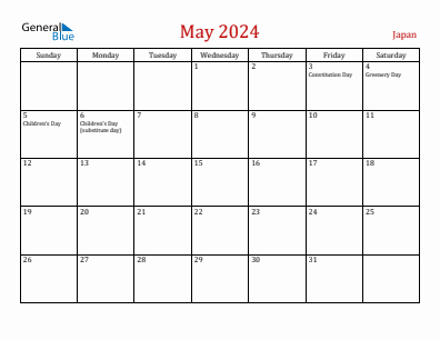 Current month calendar with Japan holidays for May 2024