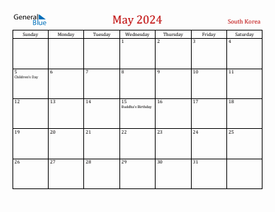 Current month calendar with South Korea holidays for May 2024
