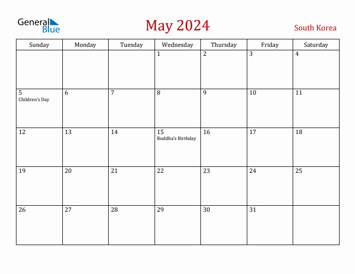 May 2024 Monthly Calendar with South Korea Holidays