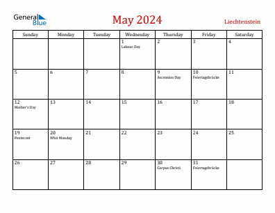 Current month calendar with Liechtenstein holidays for May 2024