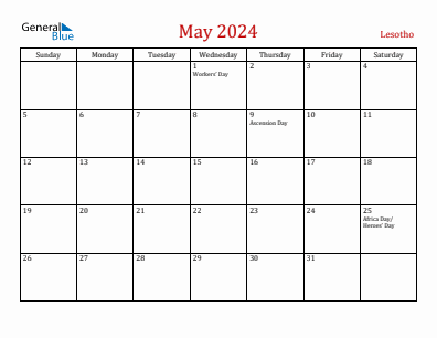 Current month calendar with Lesotho holidays for May 2024