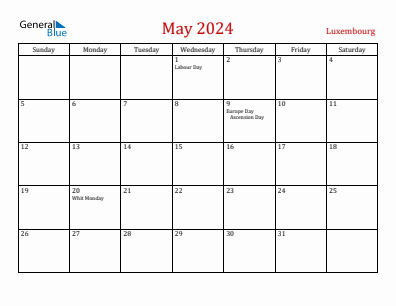Current month calendar with Luxembourg holidays for May 2024
