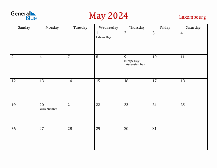 Luxembourg May 2024 Calendar - Sunday Start