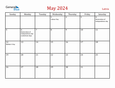 Current month calendar with Latvia holidays for May 2024