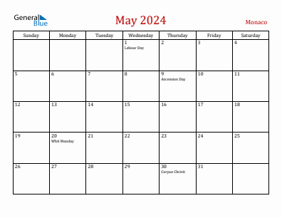 Current month calendar with Monaco holidays for May 2024
