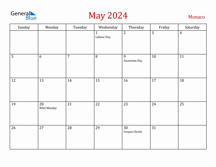 Monaco May 2024 Calendar - Sunday Start