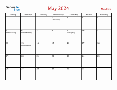 Current month calendar with Moldova holidays for May 2024