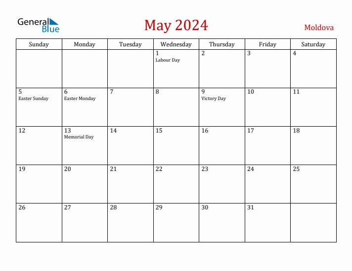 Moldova May 2024 Calendar - Sunday Start