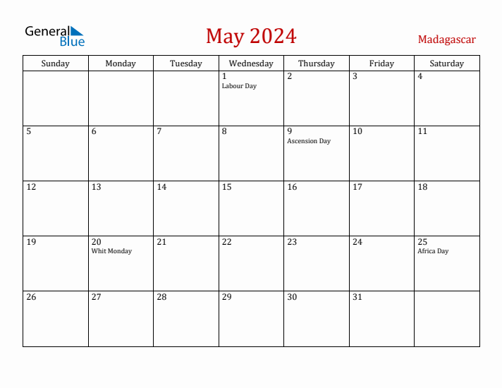 Madagascar May 2024 Calendar - Sunday Start