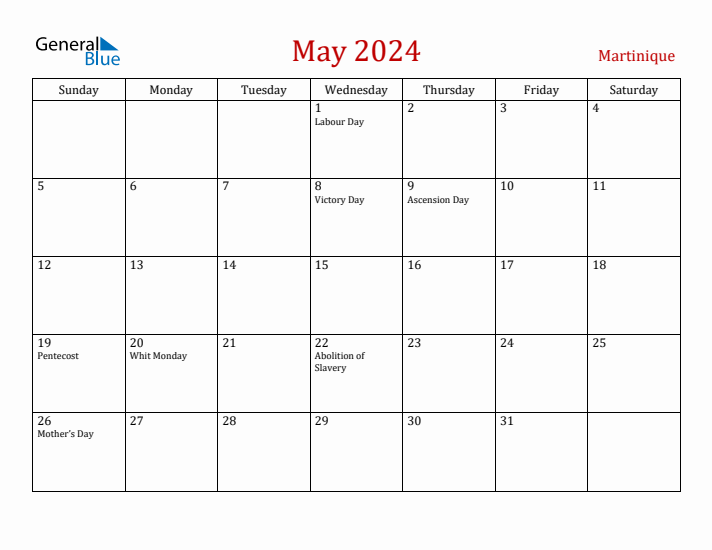 Martinique May 2024 Calendar - Sunday Start