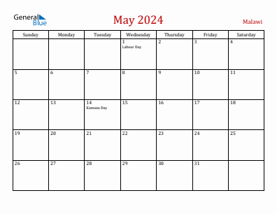 Current month calendar with Malawi holidays for May 2024