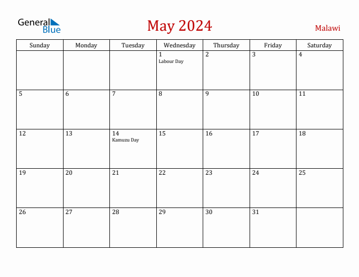 Malawi May 2024 Calendar - Sunday Start