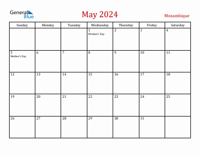Current month calendar with Mozambique holidays for May 2024