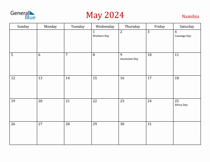 May 2024 Namibia Monthly Calendar with Holidays