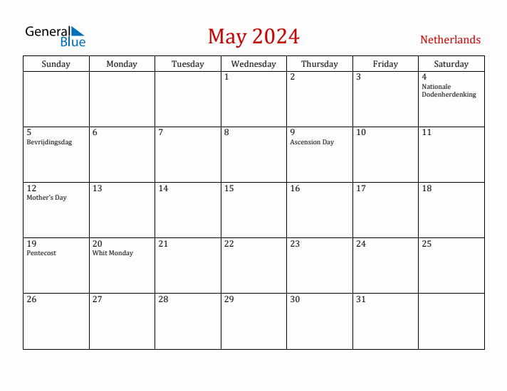 The Netherlands May 2024 Calendar - Sunday Start