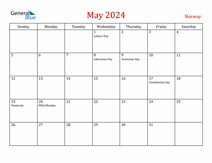Norway May 2024 Calendar - Sunday Start