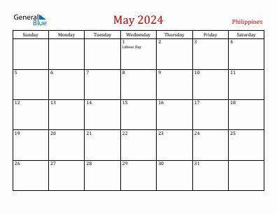 Current month calendar with Philippines holidays for May 2024