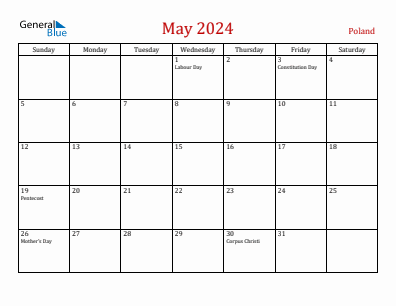 Current month calendar with Poland holidays for May 2024