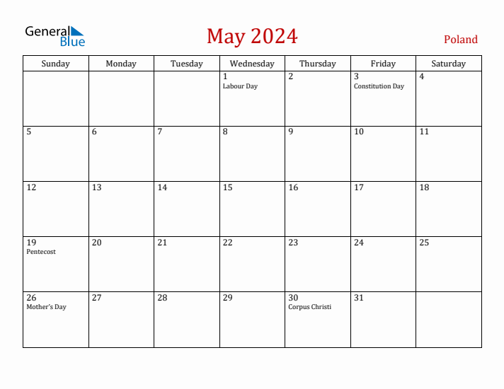 Poland May 2024 Calendar - Sunday Start