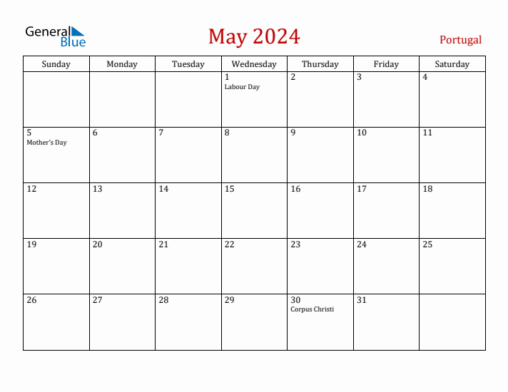 Portugal May 2024 Calendar - Sunday Start