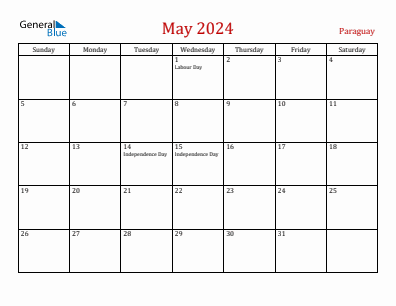 Current month calendar with Paraguay holidays for May 2024