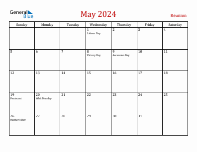 Current month calendar with Reunion holidays for May 2024