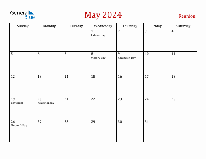 Reunion May 2024 Calendar - Sunday Start
