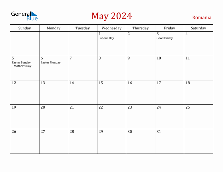 Romania May 2024 Calendar - Sunday Start