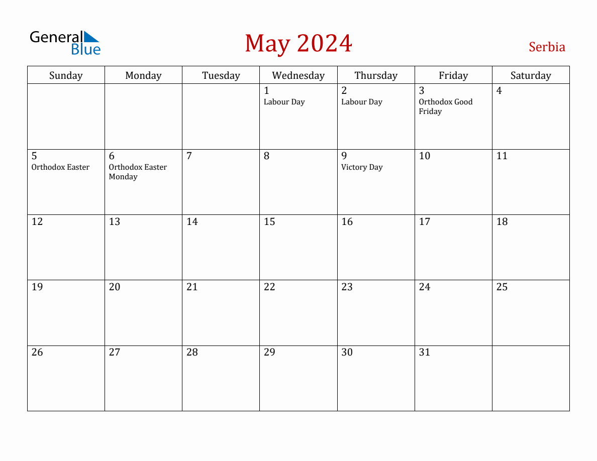 May 2024 Serbia Monthly Calendar with Holidays