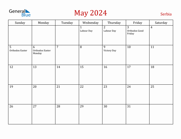 Serbia May 2024 Calendar - Sunday Start