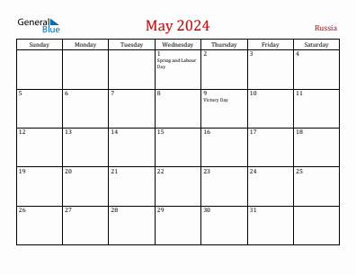 Current month calendar with Russia holidays for May 2024