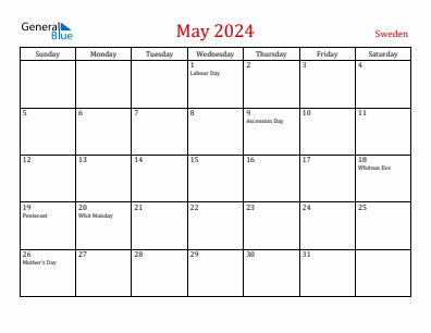 Current month calendar with Sweden holidays for May 2024