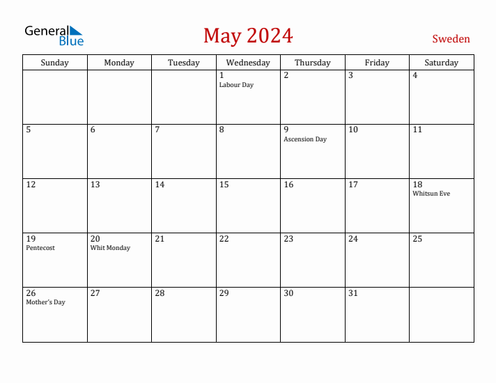 Sweden May 2024 Calendar - Sunday Start