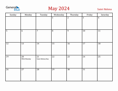 Current month calendar with Saint Helena holidays for May 2024