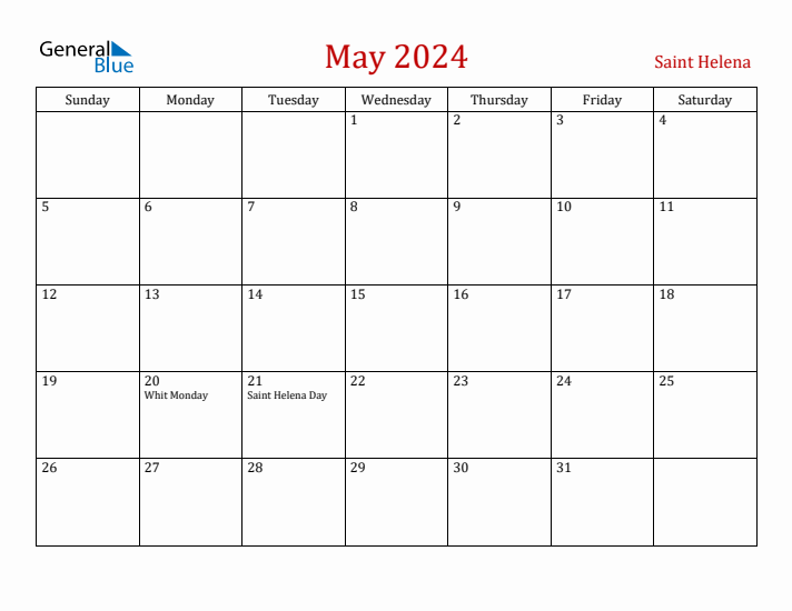 Saint Helena May 2024 Calendar - Sunday Start