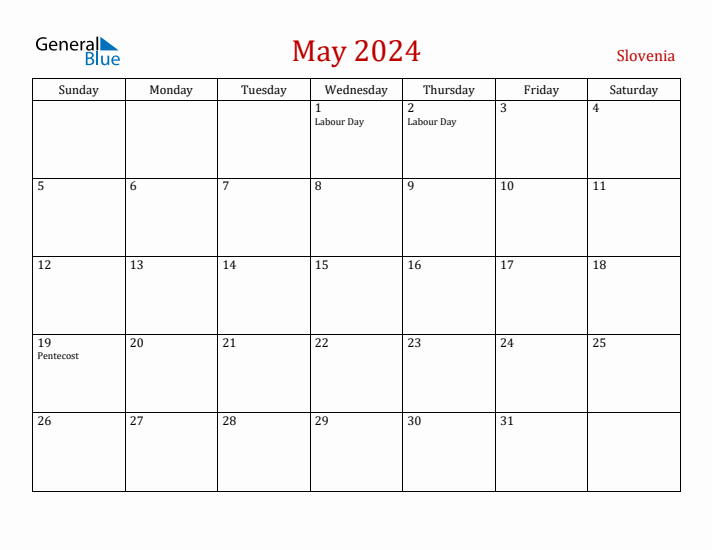 Slovenia May 2024 Calendar - Sunday Start