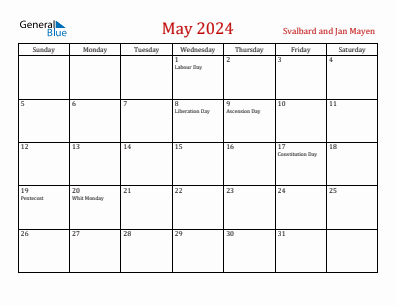 Current month calendar with Svalbard and Jan Mayen holidays for May 2024