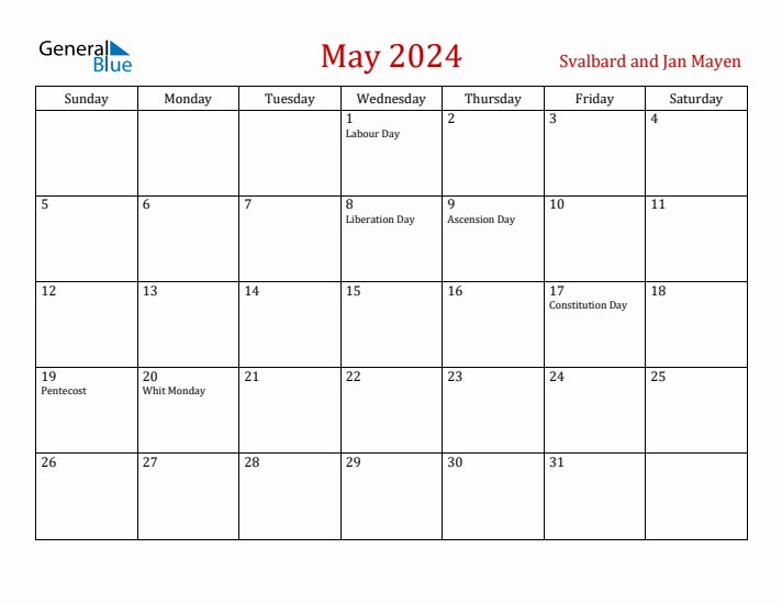 Svalbard and Jan Mayen May 2024 Calendar - Sunday Start