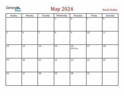 Current month calendar with South Sudan holidays for May 2024