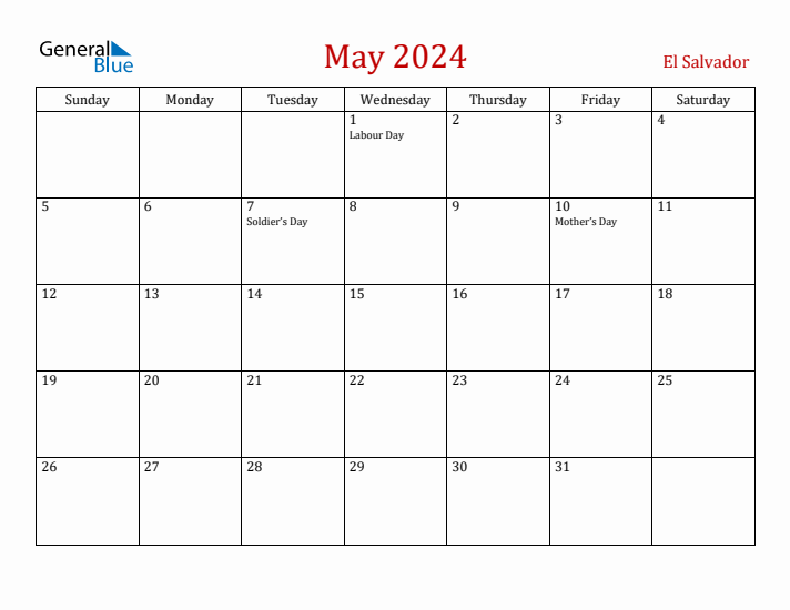 El Salvador May 2024 Calendar - Sunday Start