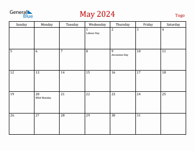 Current month calendar with Togo holidays for May 2024