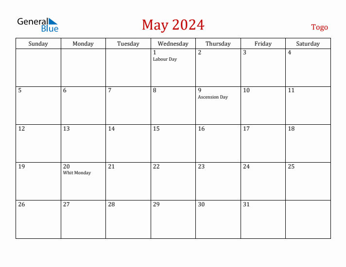 Togo May 2024 Calendar - Sunday Start