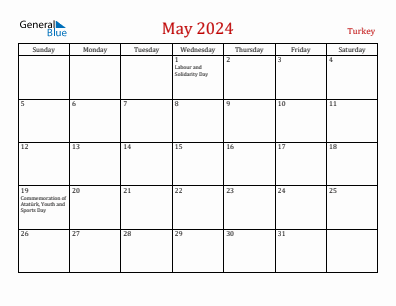 Current month calendar with Turkey holidays for May 2024