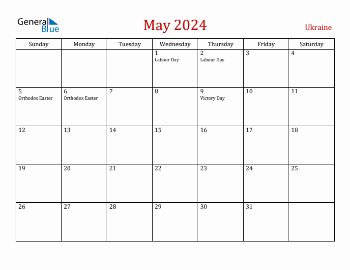 Ukraine May 2024 Calendar - Sunday Start
