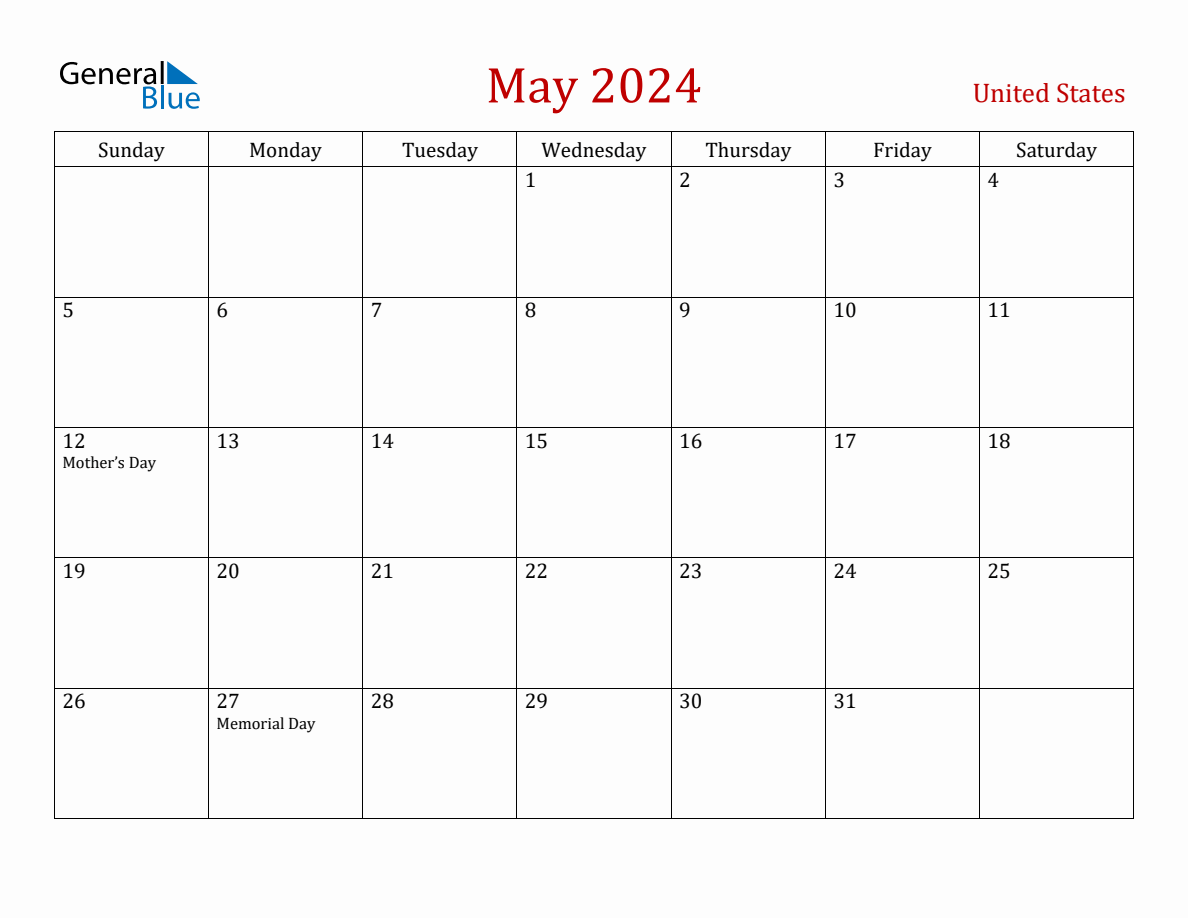 May 2024 United States Monthly Calendar with Holidays