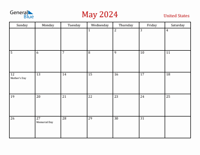 Current month calendar with United States holidays for May 2024