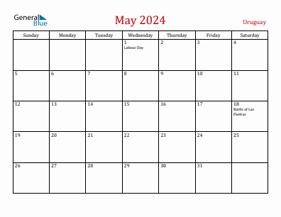 Current month calendar with Uruguay holidays for May 2024